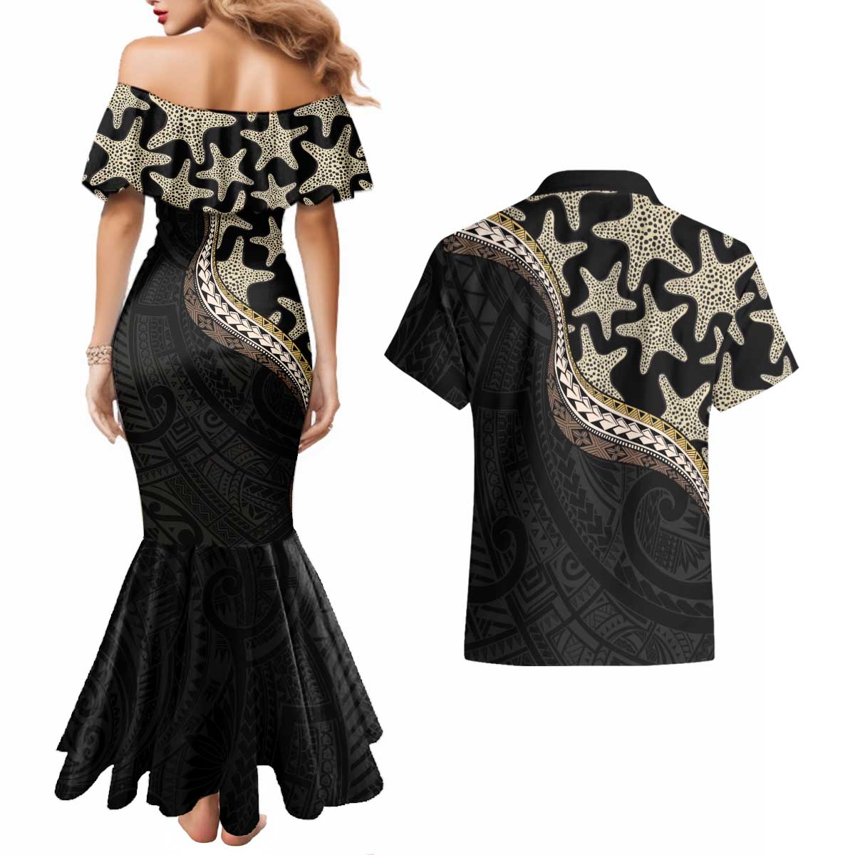 Beige Polynesian Starfish Unique Pattern Couples Matching Mermaid Dress and Hawaiian Shirt LT01 - Polynesian Pride