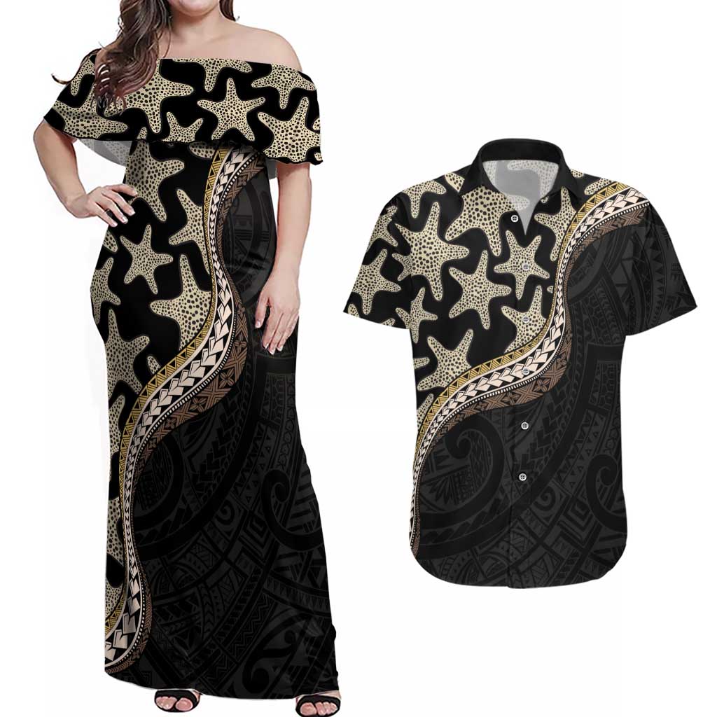 Beige Polynesian Starfish Unique Pattern Couples Matching Off Shoulder Maxi Dress and Hawaiian Shirt LT01 Beige - Polynesian Pride