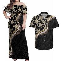 Beige Polynesian Starfish Unique Pattern Couples Matching Off Shoulder Maxi Dress and Hawaiian Shirt LT01 Beige - Polynesian Pride