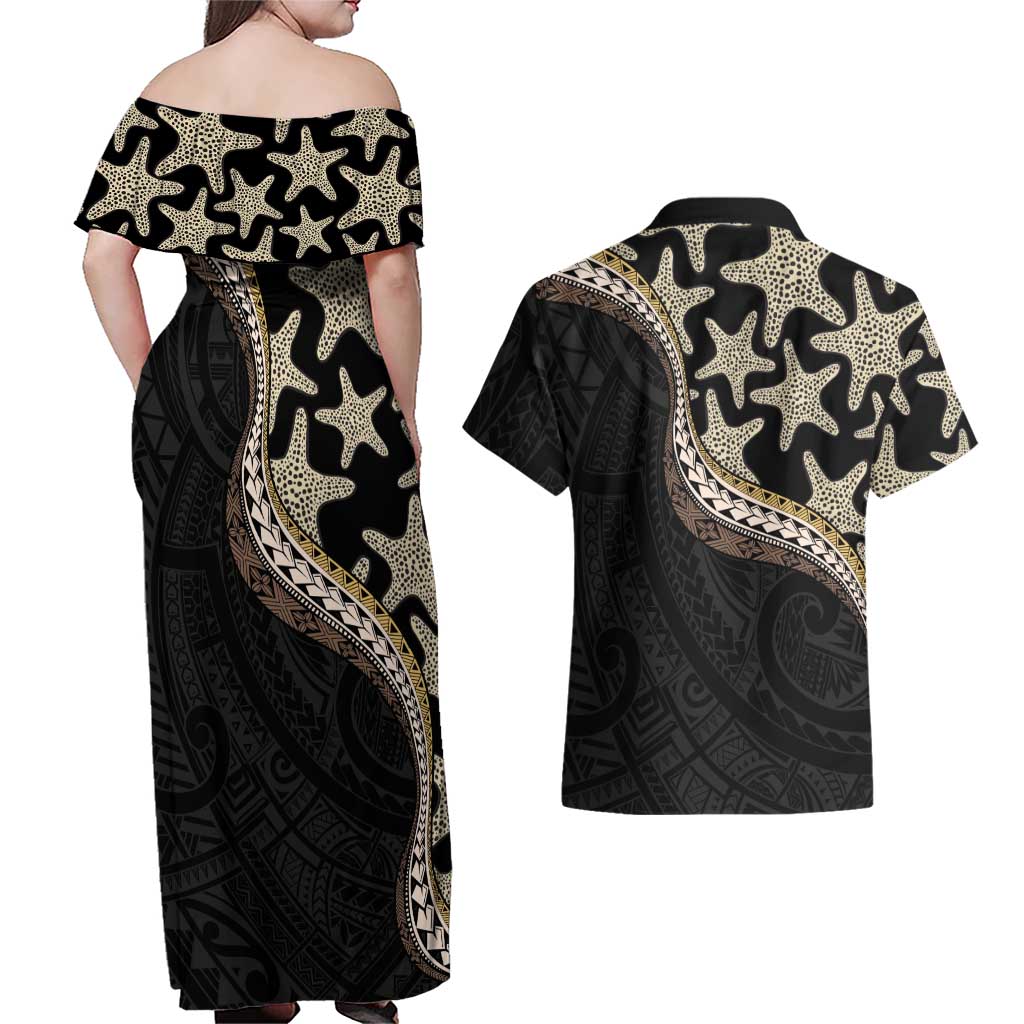 Beige Polynesian Starfish Unique Pattern Couples Matching Off Shoulder Maxi Dress and Hawaiian Shirt LT01 - Polynesian Pride