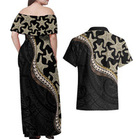 Beige Polynesian Starfish Unique Pattern Couples Matching Off Shoulder Maxi Dress and Hawaiian Shirt LT01 - Polynesian Pride