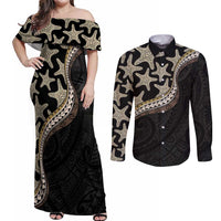 Beige Polynesian Starfish Unique Pattern Couples Matching Off Shoulder Maxi Dress and Long Sleeve Button Shirt LT01 Beige - Polynesian Pride
