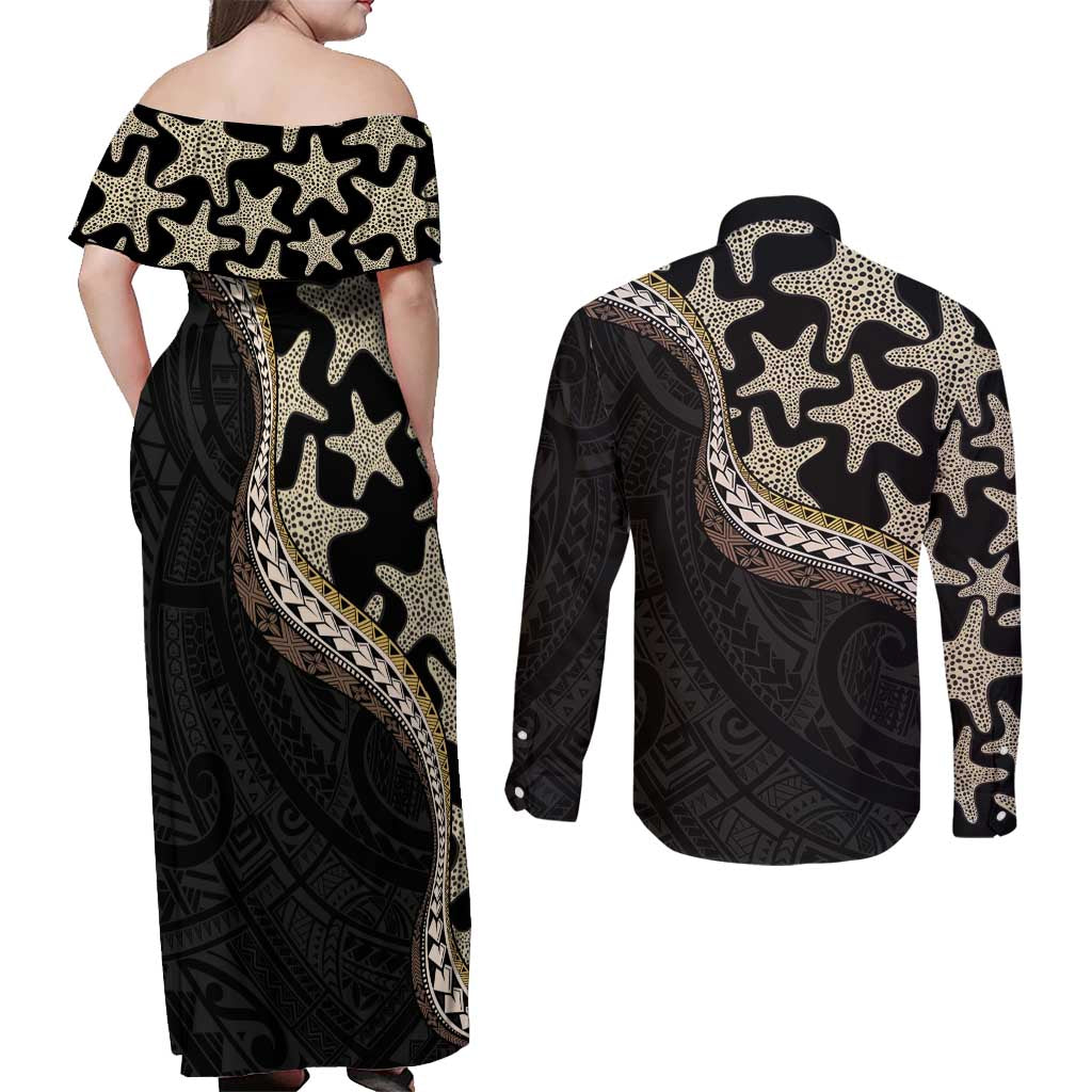 Beige Polynesian Starfish Unique Pattern Couples Matching Off Shoulder Maxi Dress and Long Sleeve Button Shirt LT01 - Polynesian Pride