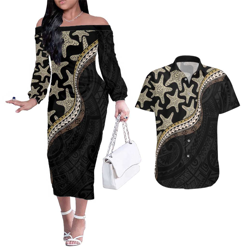 Beige Polynesian Starfish Unique Pattern Couples Matching Off The Shoulder Long Sleeve Dress and Hawaiian Shirt LT01 Beige - Polynesian Pride