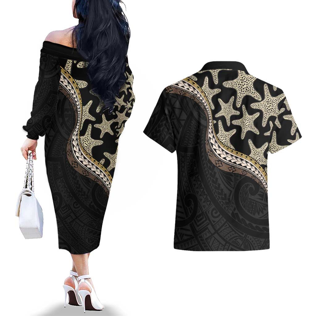 Beige Polynesian Starfish Unique Pattern Couples Matching Off The Shoulder Long Sleeve Dress and Hawaiian Shirt LT01 - Polynesian Pride