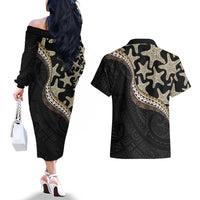 Beige Polynesian Starfish Unique Pattern Couples Matching Off The Shoulder Long Sleeve Dress and Hawaiian Shirt LT01 - Polynesian Pride