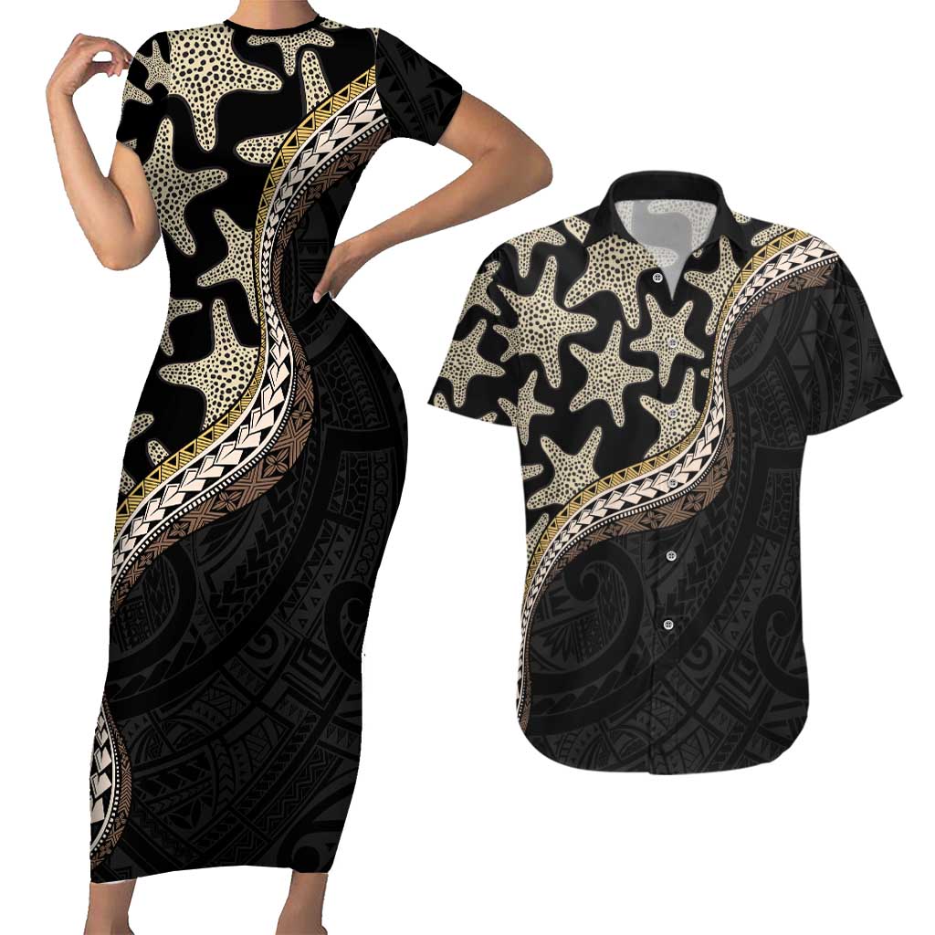 Beige Polynesian Starfish Unique Pattern Couples Matching Short Sleeve Bodycon Dress and Hawaiian Shirt LT01 Beige - Polynesian Pride