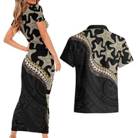 Beige Polynesian Starfish Unique Pattern Couples Matching Short Sleeve Bodycon Dress and Hawaiian Shirt LT01 - Polynesian Pride