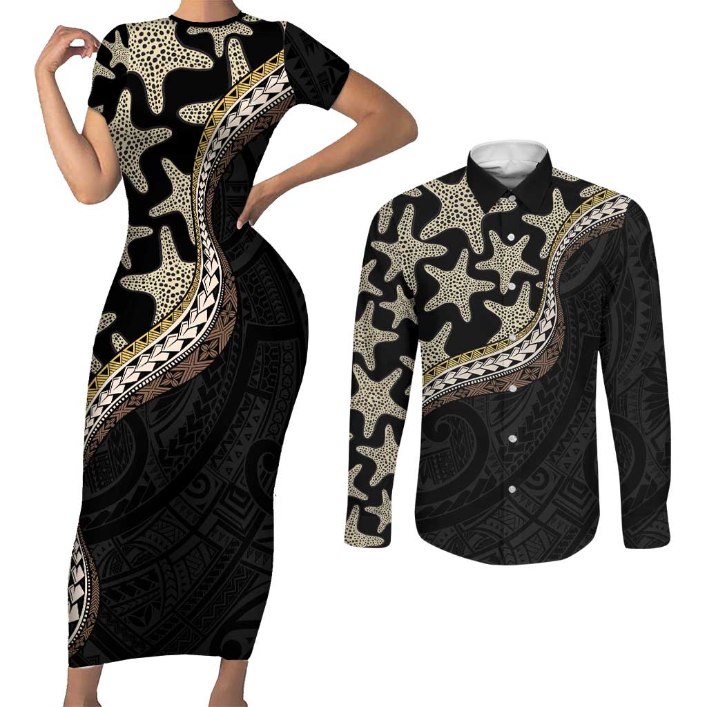 Beige Polynesian Starfish Unique Pattern Couples Matching Short Sleeve Bodycon Dress and Long Sleeve Button Shirt LT01 Beige - Polynesian Pride