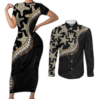 Beige Polynesian Starfish Unique Pattern Couples Matching Short Sleeve Bodycon Dress and Long Sleeve Button Shirt LT01 Beige - Polynesian Pride