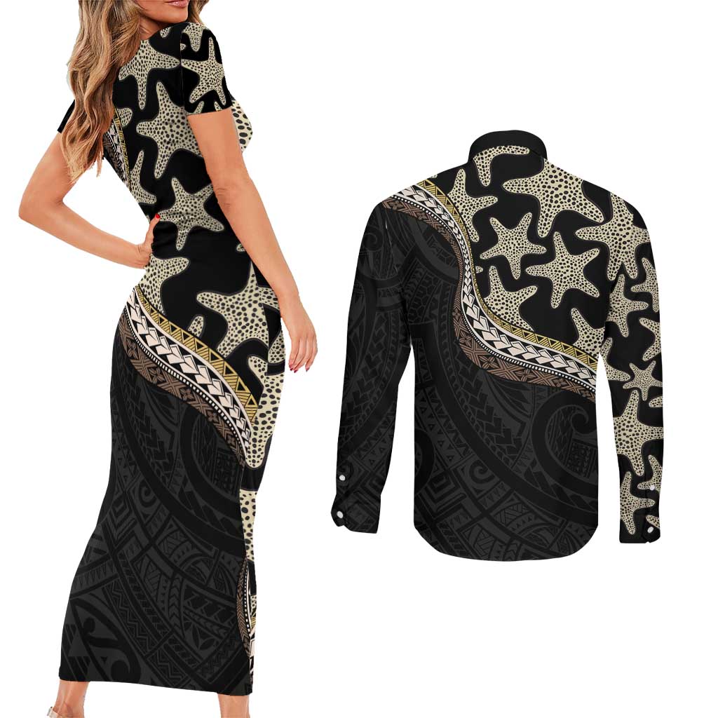 Beige Polynesian Starfish Unique Pattern Couples Matching Short Sleeve Bodycon Dress and Long Sleeve Button Shirt LT01 - Polynesian Pride