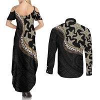Beige Polynesian Starfish Unique Pattern Couples Matching Summer Maxi Dress and Long Sleeve Button Shirt LT01 - Polynesian Pride