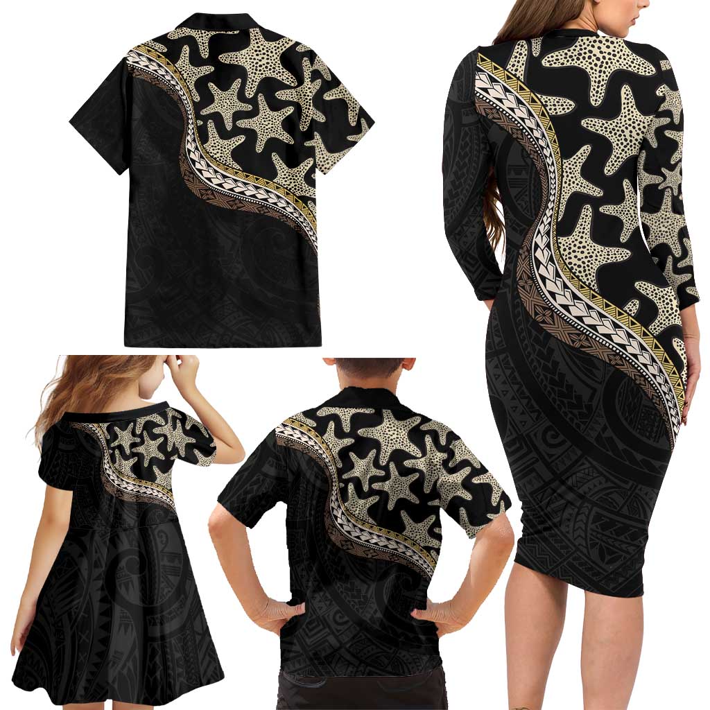 Beige Polynesian Starfish Unique Pattern Family Matching Long Sleeve Bodycon Dress and Hawaiian Shirt LT01 - Polynesian Pride