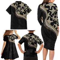 Beige Polynesian Starfish Unique Pattern Family Matching Long Sleeve Bodycon Dress and Hawaiian Shirt LT01 - Polynesian Pride