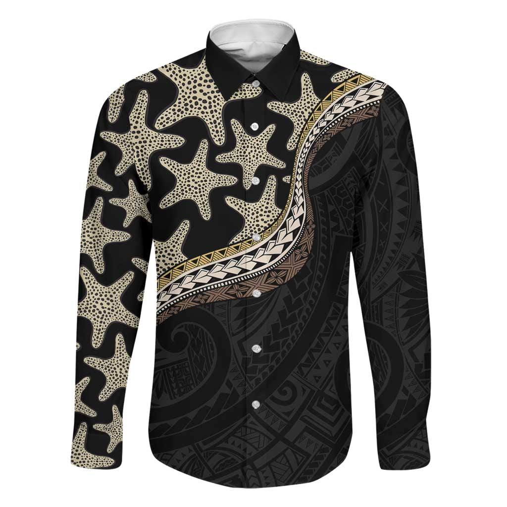 Beige Polynesian Starfish Unique Pattern Family Matching Long Sleeve Bodycon Dress and Hawaiian Shirt LT01 Dad's Shirt - Long Sleeve Beige - Polynesian Pride