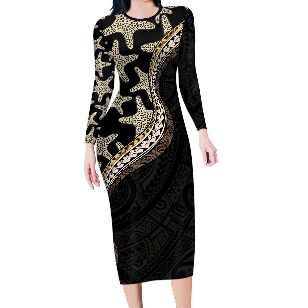 Beige Polynesian Starfish Unique Pattern Family Matching Long Sleeve Bodycon Dress and Hawaiian Shirt LT01 Mom's Dress Beige - Polynesian Pride