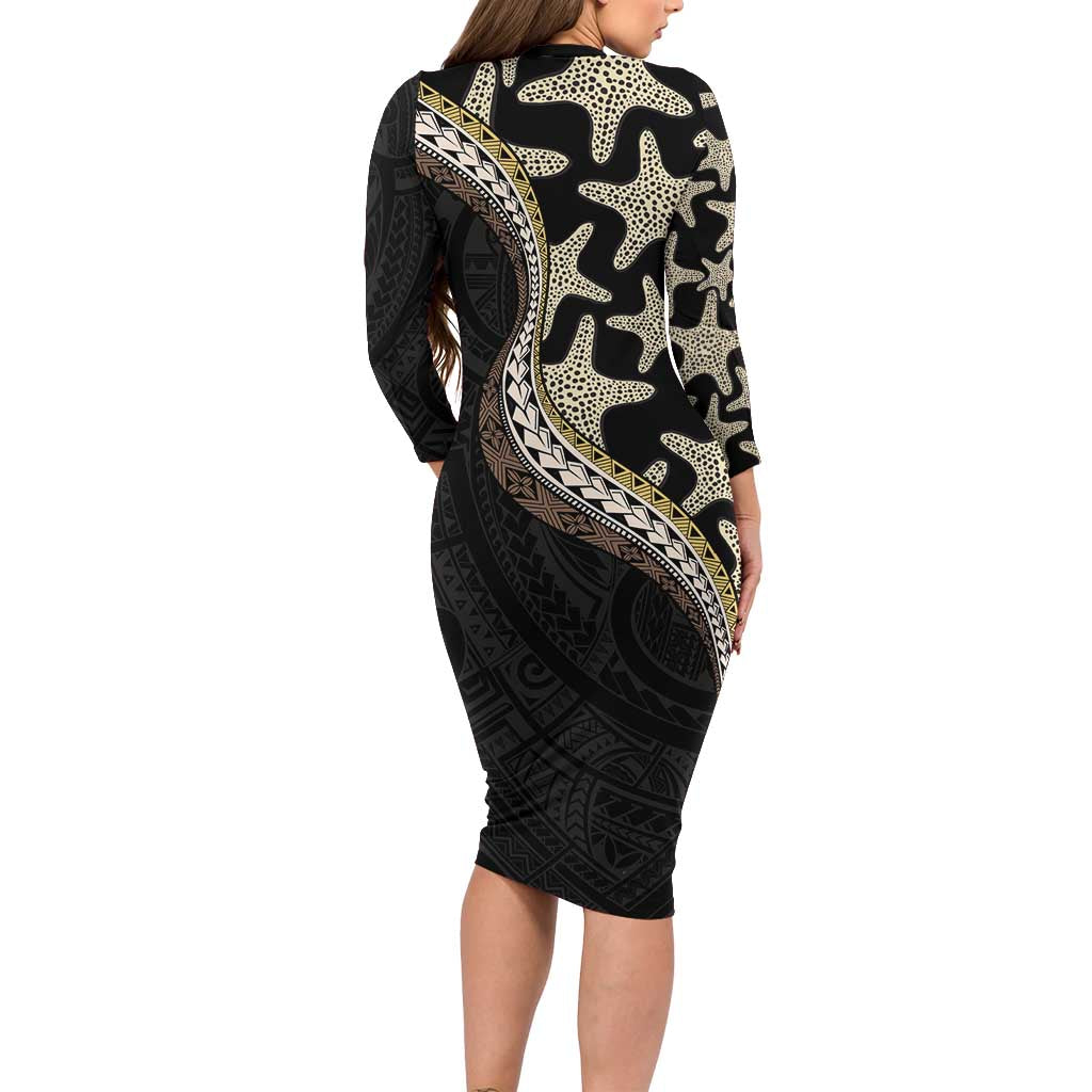 Beige Polynesian Starfish Unique Pattern Family Matching Long Sleeve Bodycon Dress and Hawaiian Shirt LT01 - Polynesian Pride