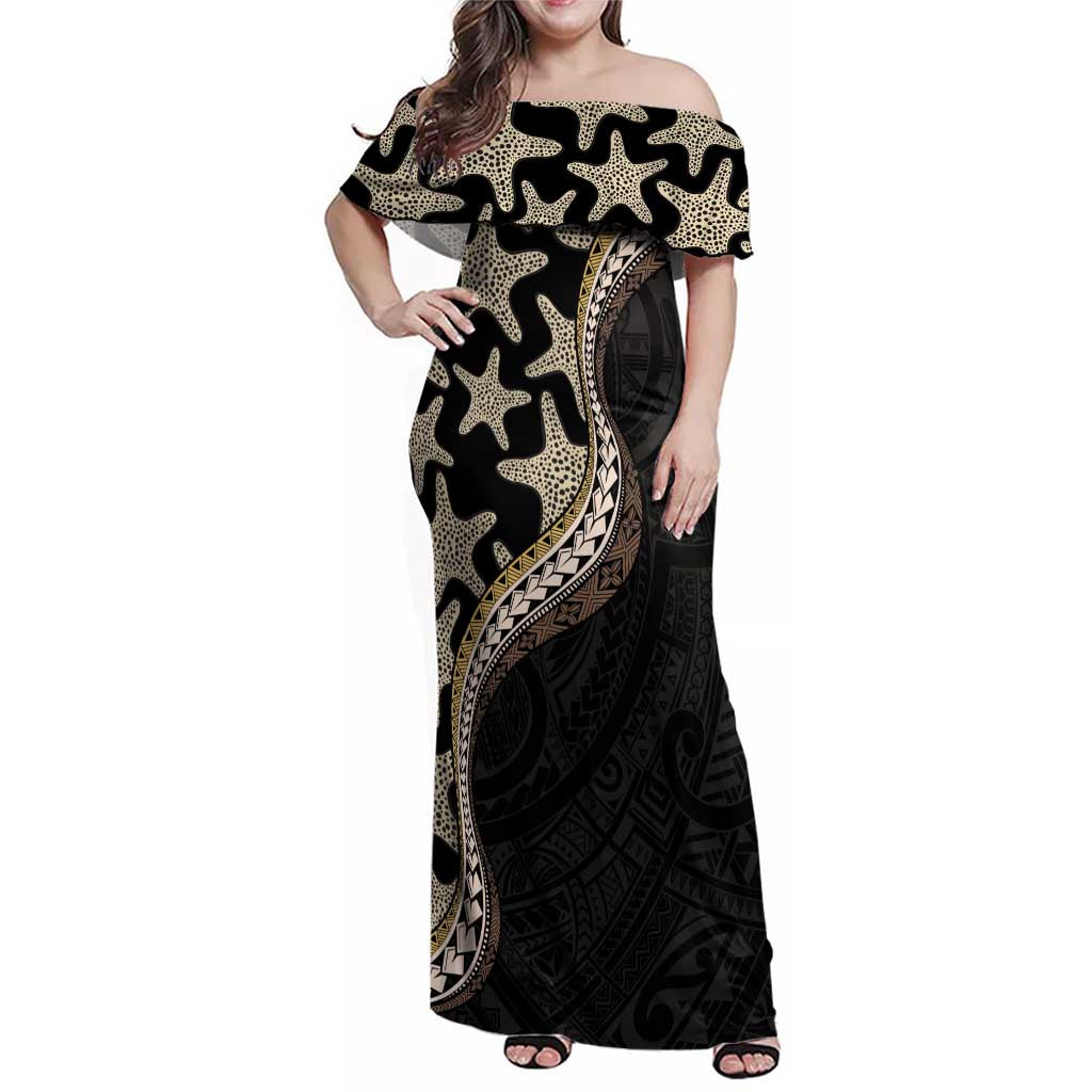 Beige Polynesian Starfish Unique Pattern Family Matching Off Shoulder Maxi Dress and Hawaiian Shirt LT01 Mom's Dress Beige - Polynesian Pride