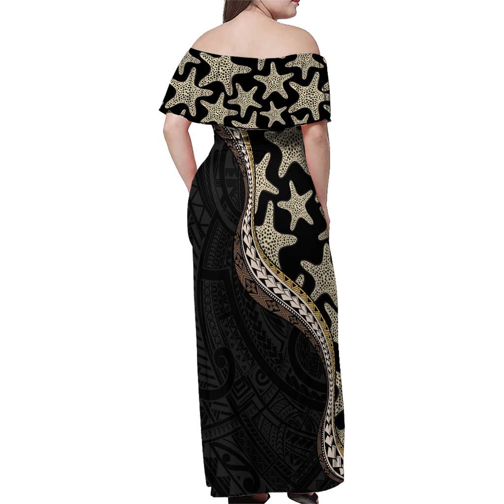 Beige Polynesian Starfish Unique Pattern Family Matching Off Shoulder Maxi Dress and Hawaiian Shirt LT01 - Polynesian Pride