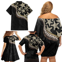 Beige Polynesian Starfish Unique Pattern Family Matching Off Shoulder Short Dress and Hawaiian Shirt LT01 - Polynesian Pride