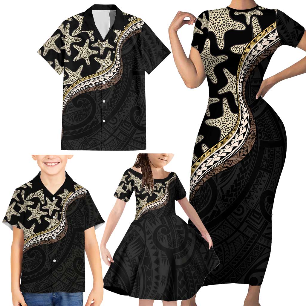 Beige Polynesian Starfish Unique Pattern Family Matching Short Sleeve Bodycon Dress and Hawaiian Shirt