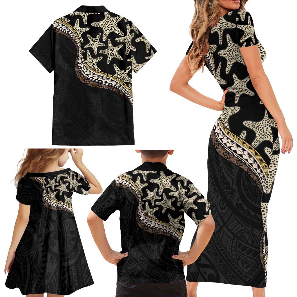Beige Polynesian Starfish Unique Pattern Family Matching Short Sleeve Bodycon Dress and Hawaiian Shirt