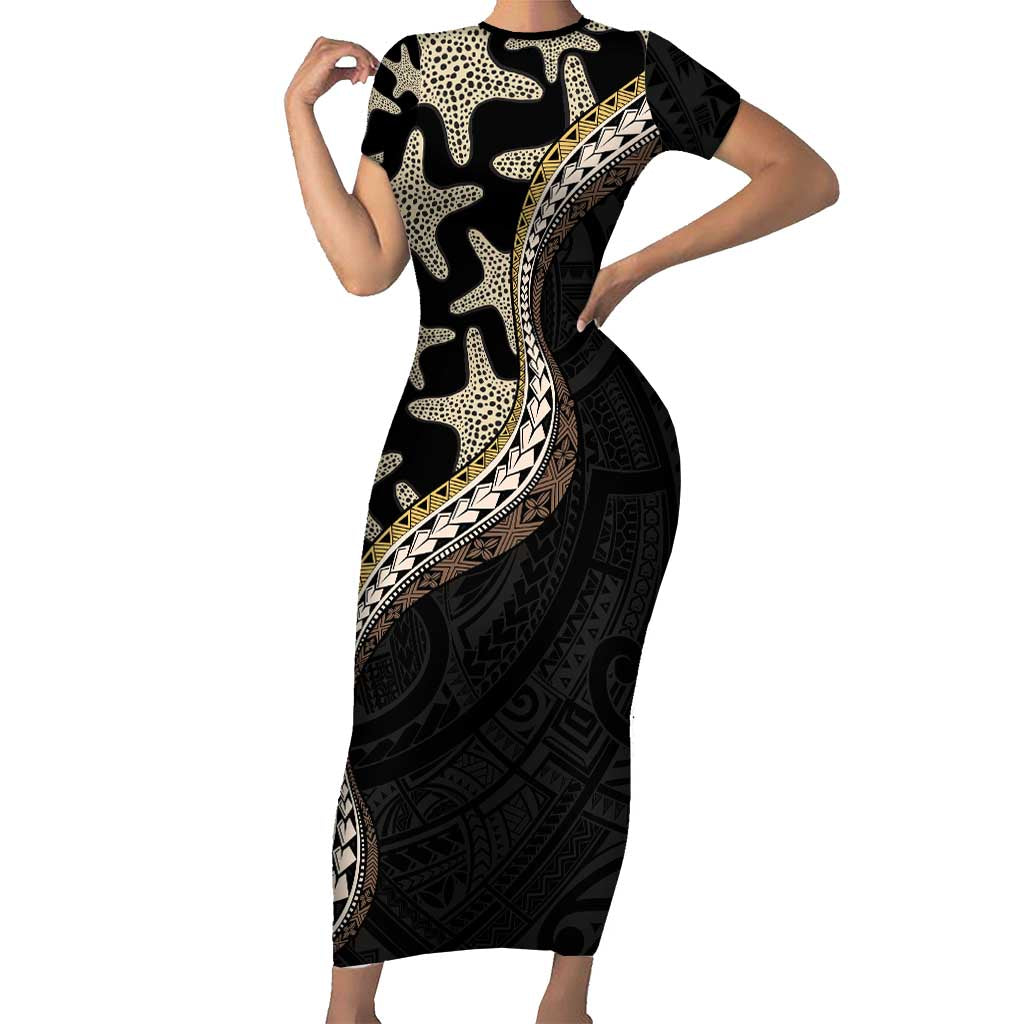 Beige Polynesian Starfish Unique Pattern Family Matching Short Sleeve Bodycon Dress and Hawaiian Shirt