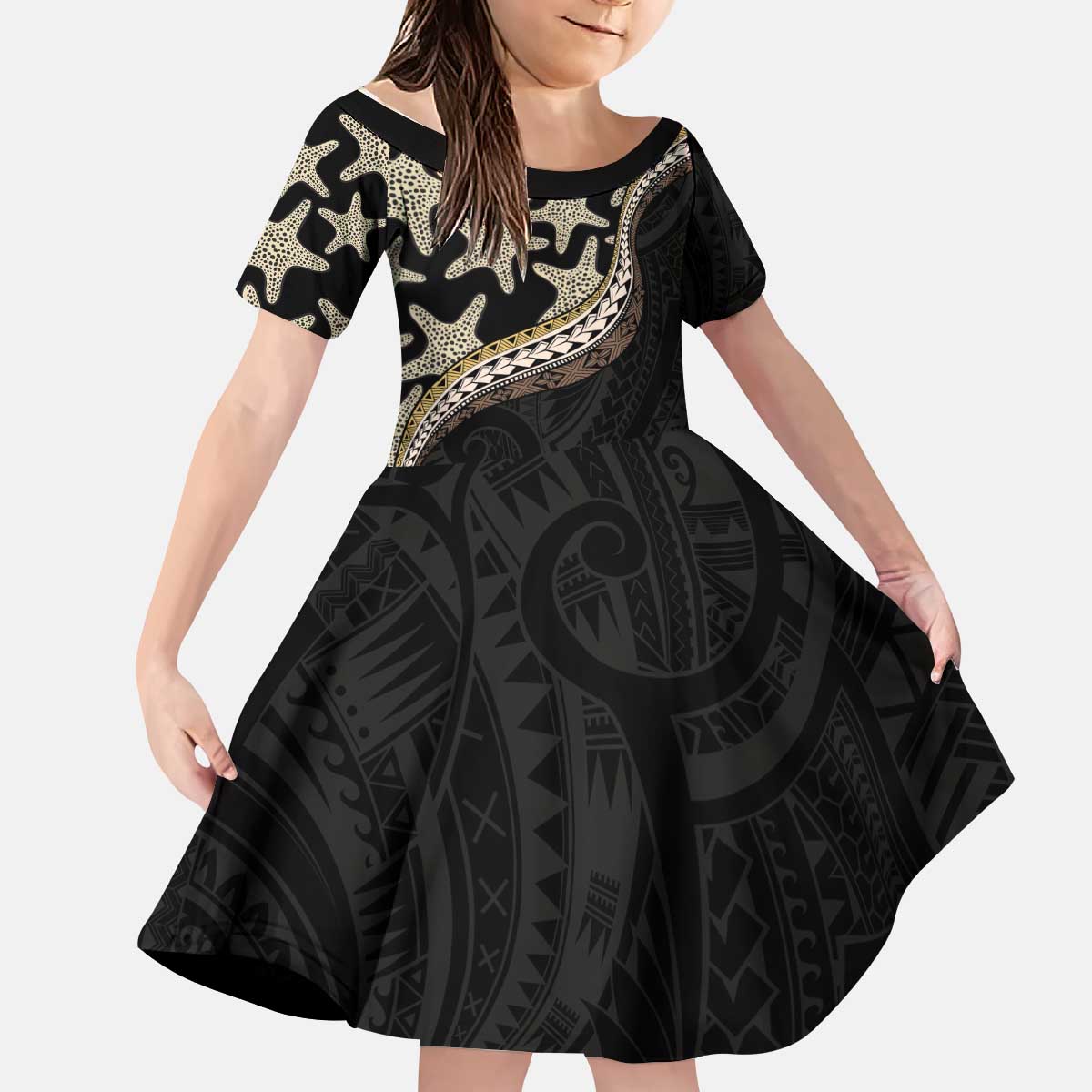 Beige Polynesian Starfish Unique Pattern Kid Short Sleeve Dress LT01 KID Beige - Polynesian Pride