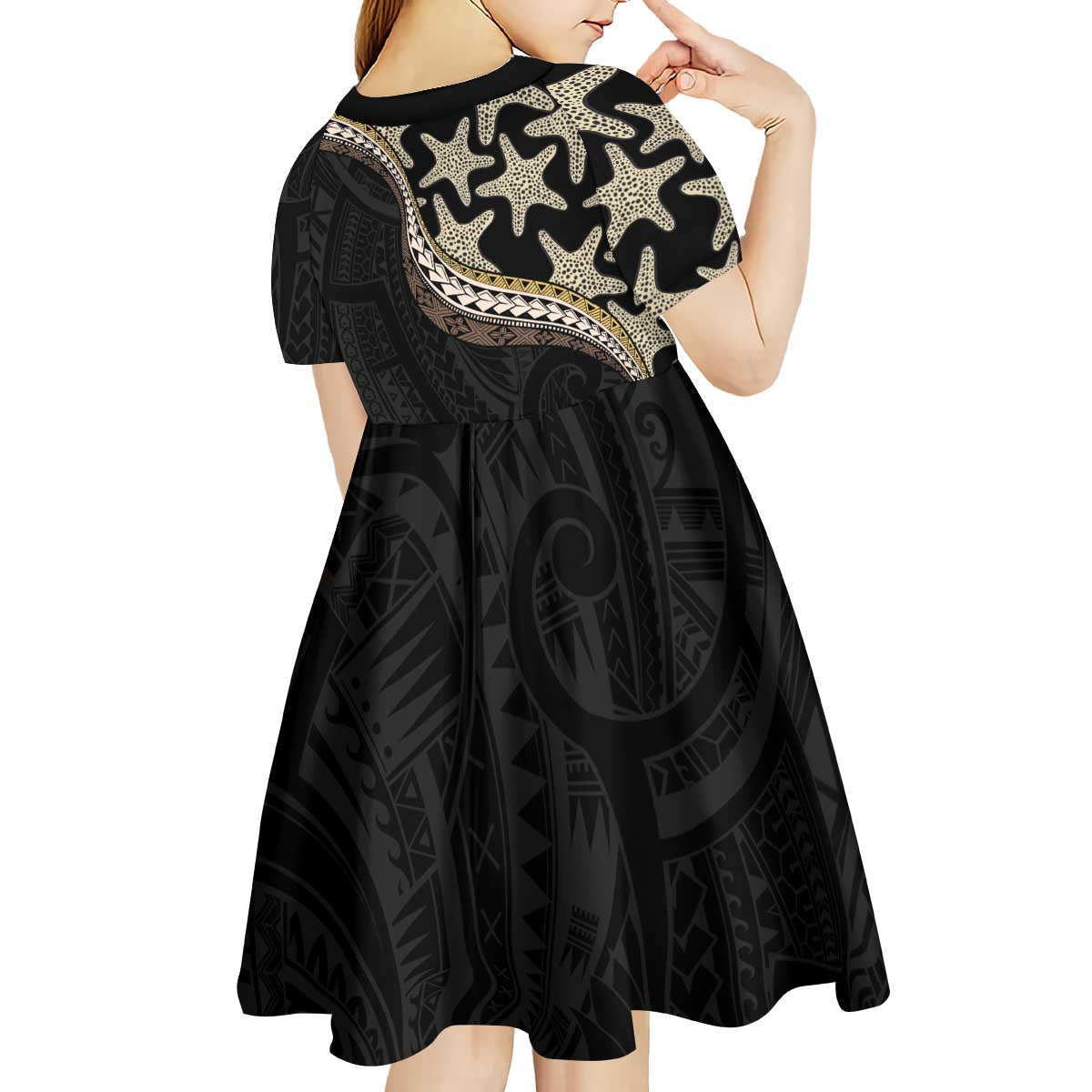 Beige Polynesian Starfish Unique Pattern Kid Short Sleeve Dress LT01 - Polynesian Pride