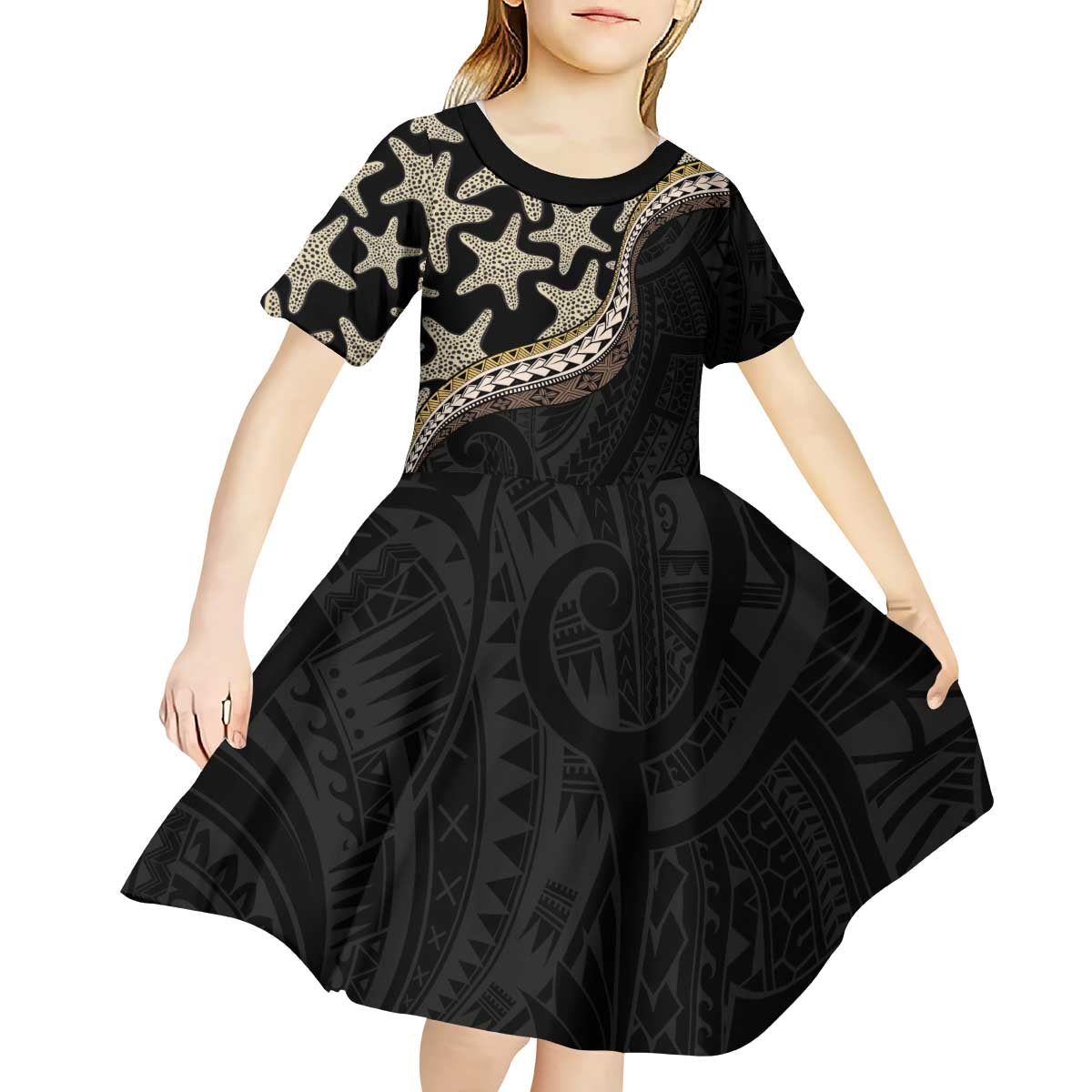 Beige Polynesian Starfish Unique Pattern Kid Short Sleeve Dress LT01 - Polynesian Pride
