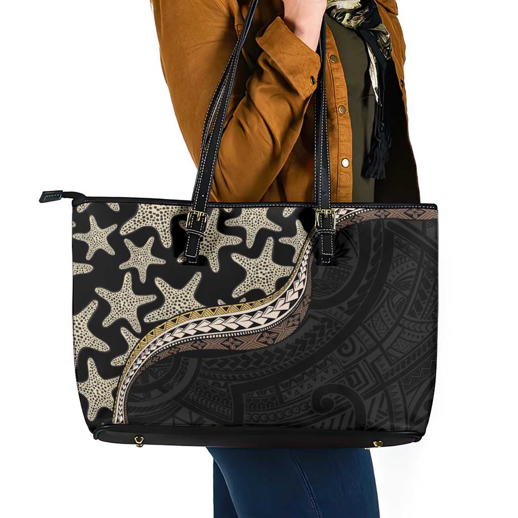 Beige Polynesian Starfish Unique Pattern Leather Tote Bag LT01 - Polynesian Pride