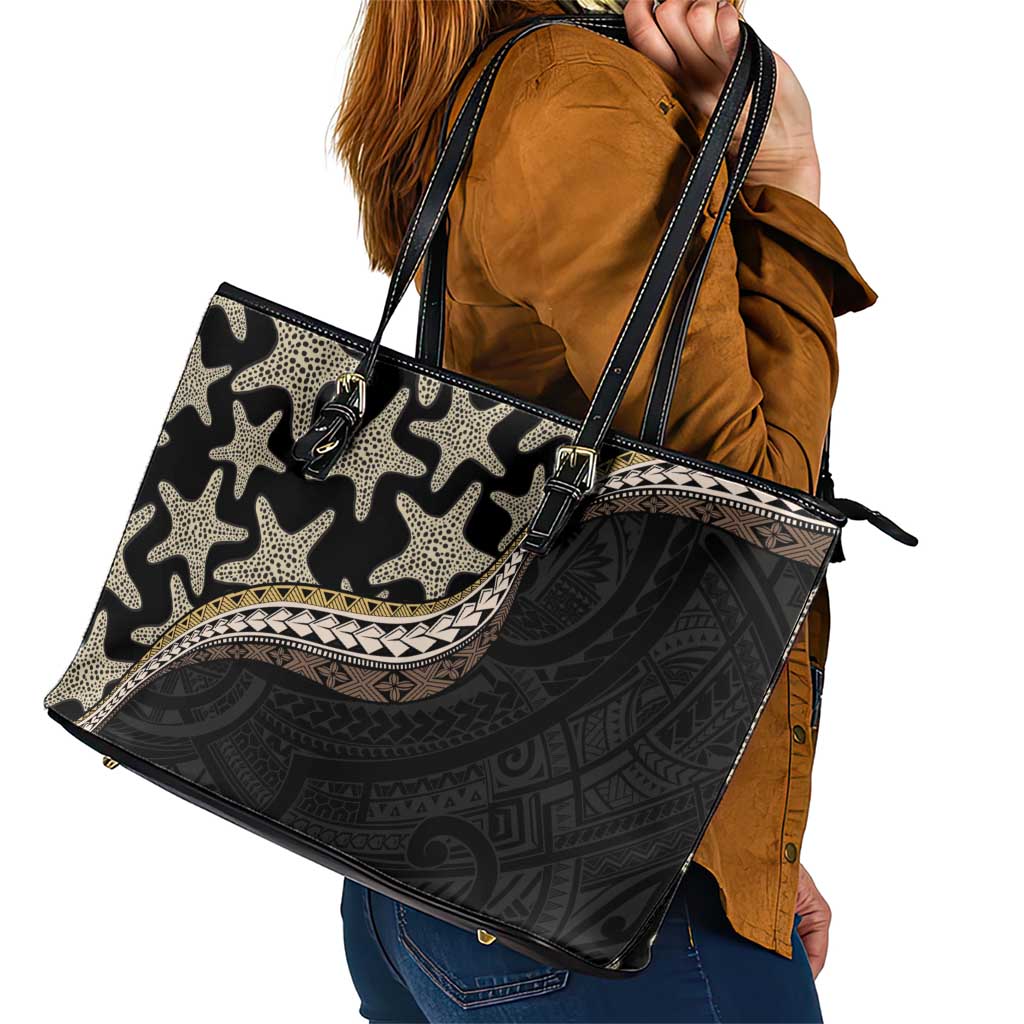 Beige Polynesian Starfish Unique Pattern Leather Tote Bag LT01 - Polynesian Pride