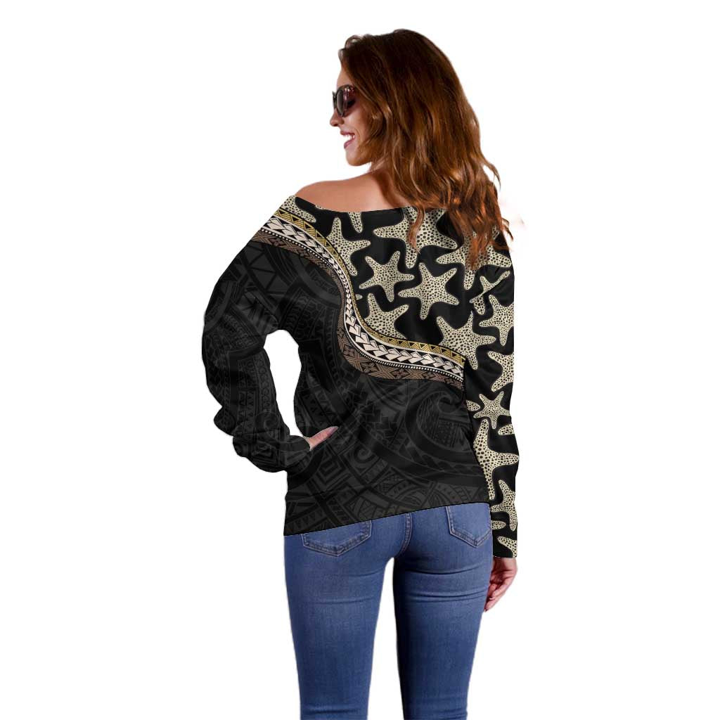 Beige Polynesian Starfish Unique Pattern Off Shoulder Sweater