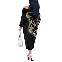 Beige Polynesian Starfish Unique Pattern Off The Shoulder Long Sleeve Dress LT01 - Polynesian Pride