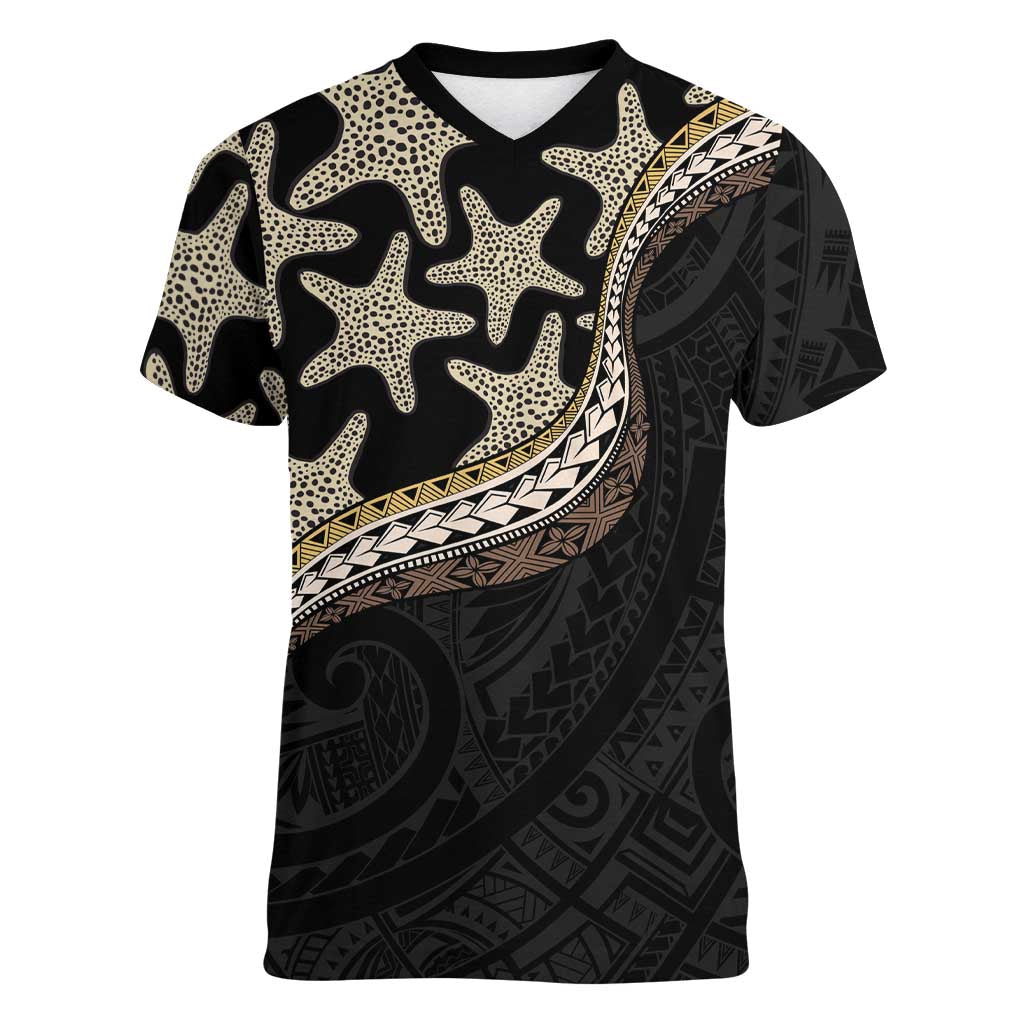 Beige Polynesian Starfish Unique Pattern Women V-Neck T-Shirt LT01 Female Beige - Polynesian Pride
