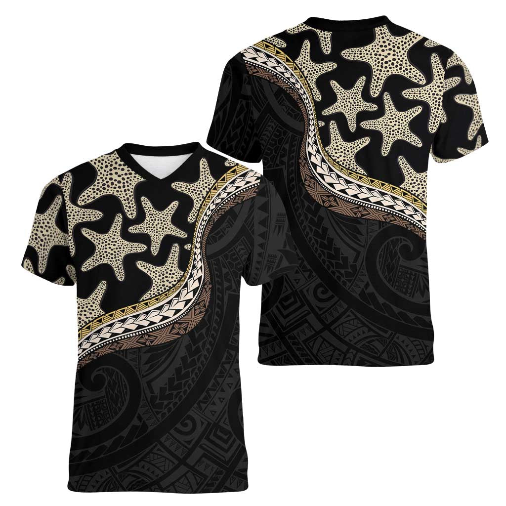 Beige Polynesian Starfish Unique Pattern Women V-Neck T-Shirt LT01 - Polynesian Pride