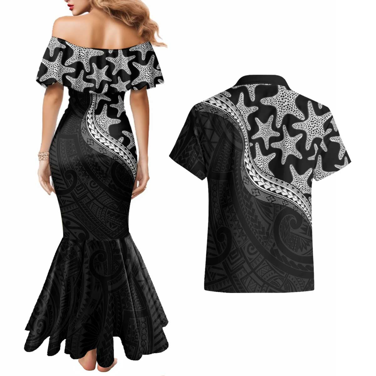Monotone Polynesian Starfish Unique Pattern Couples Matching Mermaid Dress and Hawaiian Shirt LT01 - Polynesian Pride