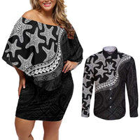 Monotone Polynesian Starfish Unique Pattern Couples Matching Off Shoulder Short Dress and Long Sleeve Button Shirt