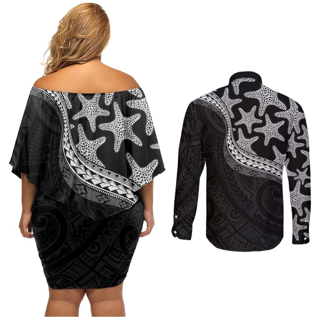 Monotone Polynesian Starfish Unique Pattern Couples Matching Off Shoulder Short Dress and Long Sleeve Button Shirt