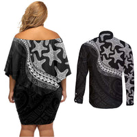 Monotone Polynesian Starfish Unique Pattern Couples Matching Off Shoulder Short Dress and Long Sleeve Button Shirt