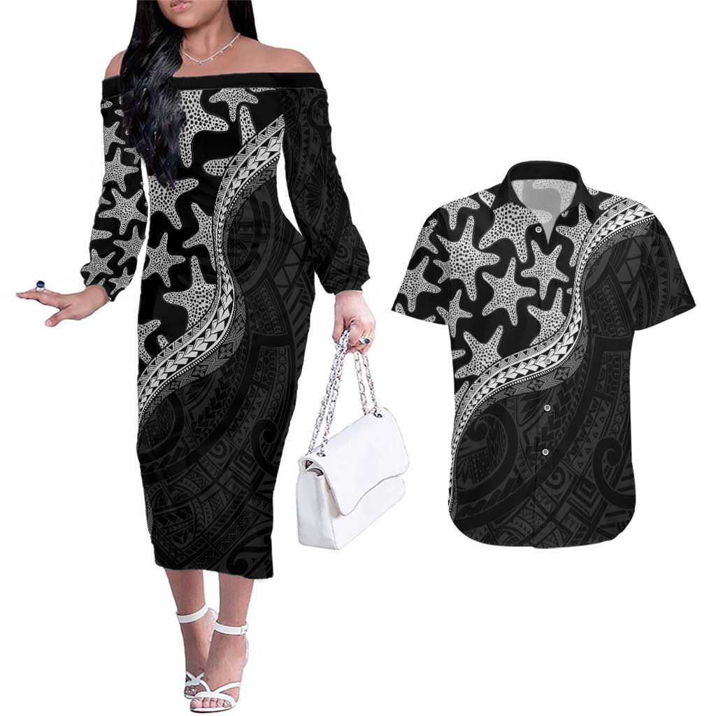Monotone Polynesian Starfish Unique Pattern Couples Matching Off The Shoulder Long Sleeve Dress and Hawaiian Shirt LT01 Black - Polynesian Pride