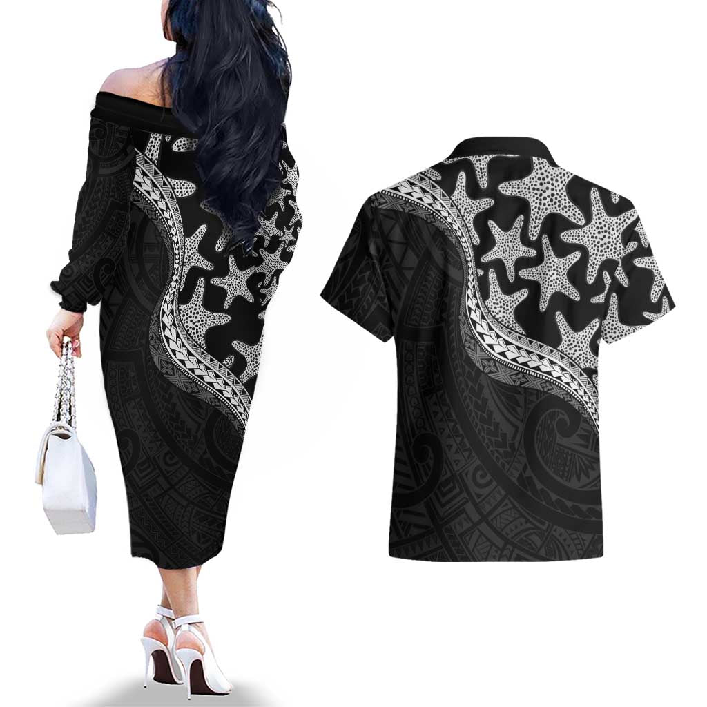 Monotone Polynesian Starfish Unique Pattern Couples Matching Off The Shoulder Long Sleeve Dress and Hawaiian Shirt LT01 - Polynesian Pride