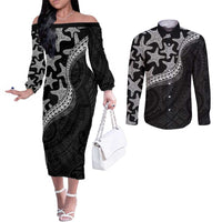 Monotone Polynesian Starfish Unique Pattern Couples Matching Off The Shoulder Long Sleeve Dress and Long Sleeve Button Shirt LT01 Black - Polynesian Pride