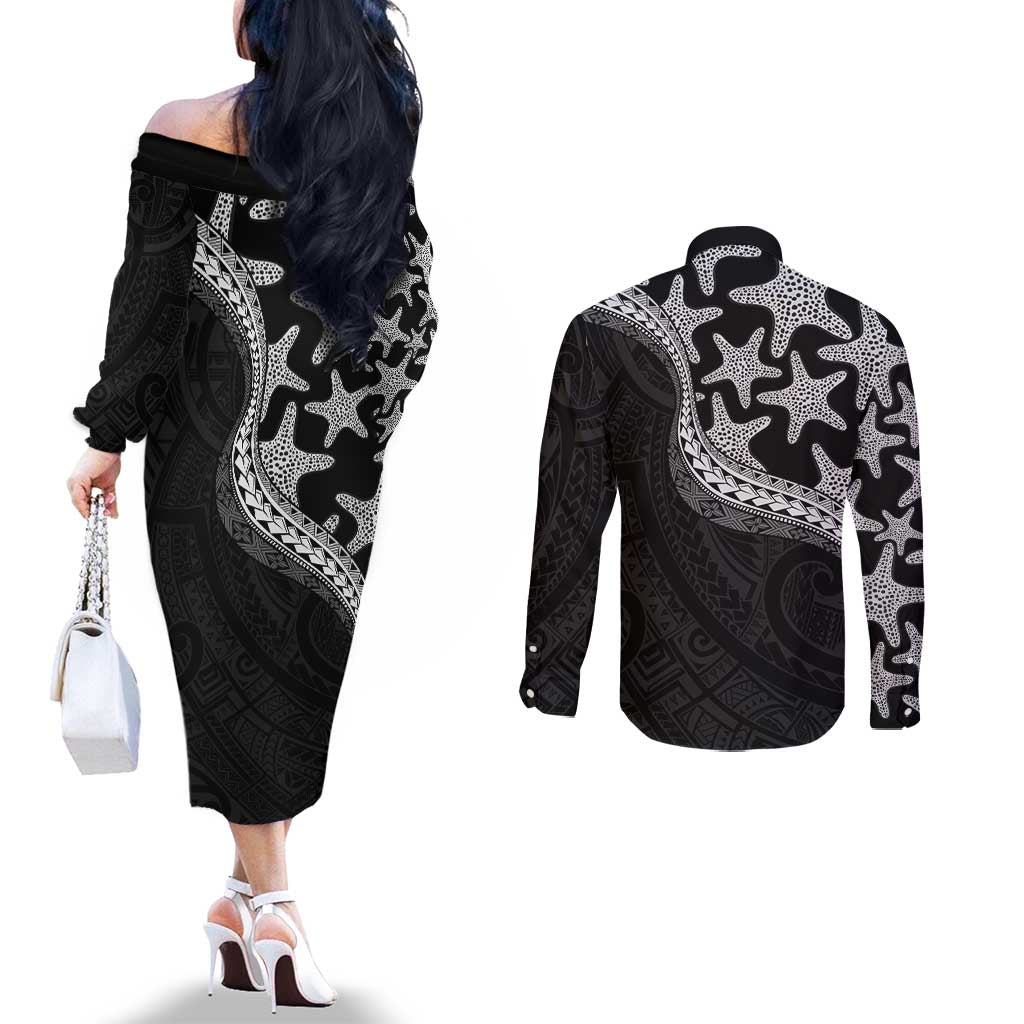 Monotone Polynesian Starfish Unique Pattern Couples Matching Off The Shoulder Long Sleeve Dress and Long Sleeve Button Shirt LT01 - Polynesian Pride