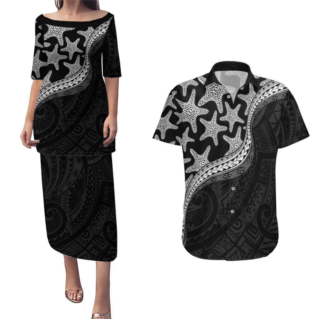 Monotone Polynesian Starfish Unique Pattern Couples Matching Puletasi and Hawaiian Shirt LT01 Black - Polynesian Pride
