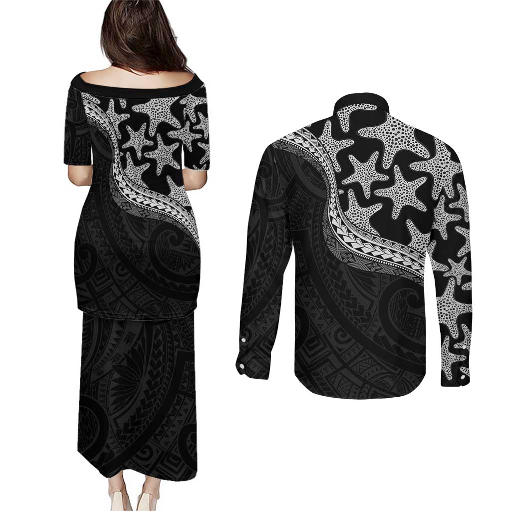 Monotone Polynesian Starfish Unique Pattern Couples Matching Puletasi and Long Sleeve Button Shirt LT01 - Polynesian Pride