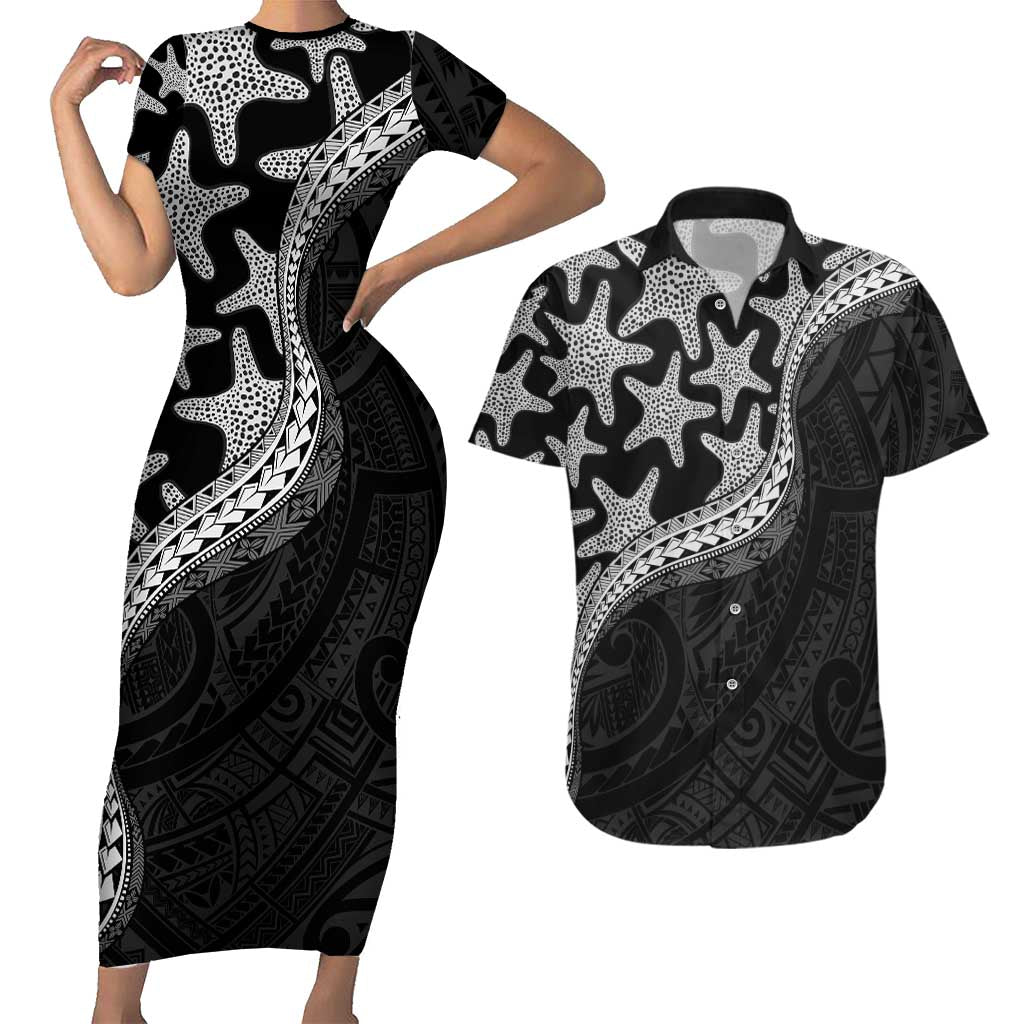 Monotone Polynesian Starfish Unique Pattern Couples Matching Short Sleeve Bodycon Dress and Hawaiian Shirt LT01 Black - Polynesian Pride