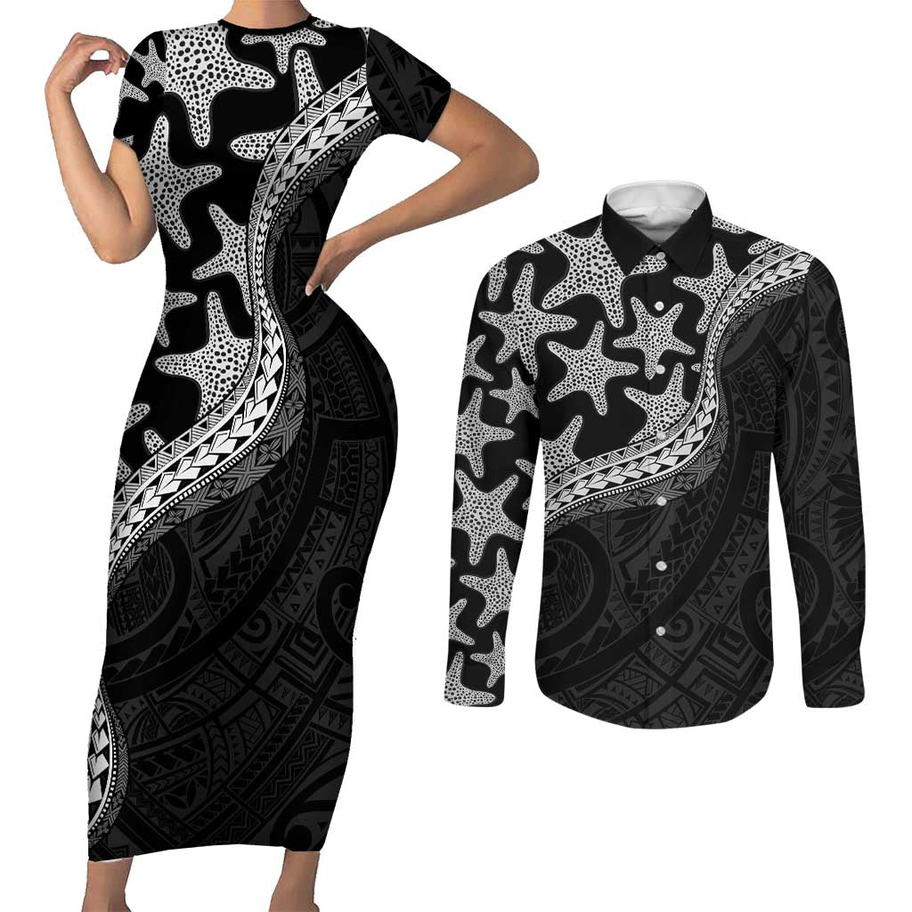 Monotone Polynesian Starfish Unique Pattern Couples Matching Short Sleeve Bodycon Dress and Long Sleeve Button Shirt LT01 Black - Polynesian Pride