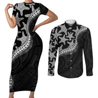 Monotone Polynesian Starfish Unique Pattern Couples Matching Short Sleeve Bodycon Dress and Long Sleeve Button Shirt LT01 Black - Polynesian Pride