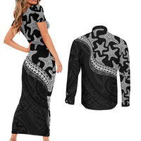 Monotone Polynesian Starfish Unique Pattern Couples Matching Short Sleeve Bodycon Dress and Long Sleeve Button Shirt LT01 - Polynesian Pride
